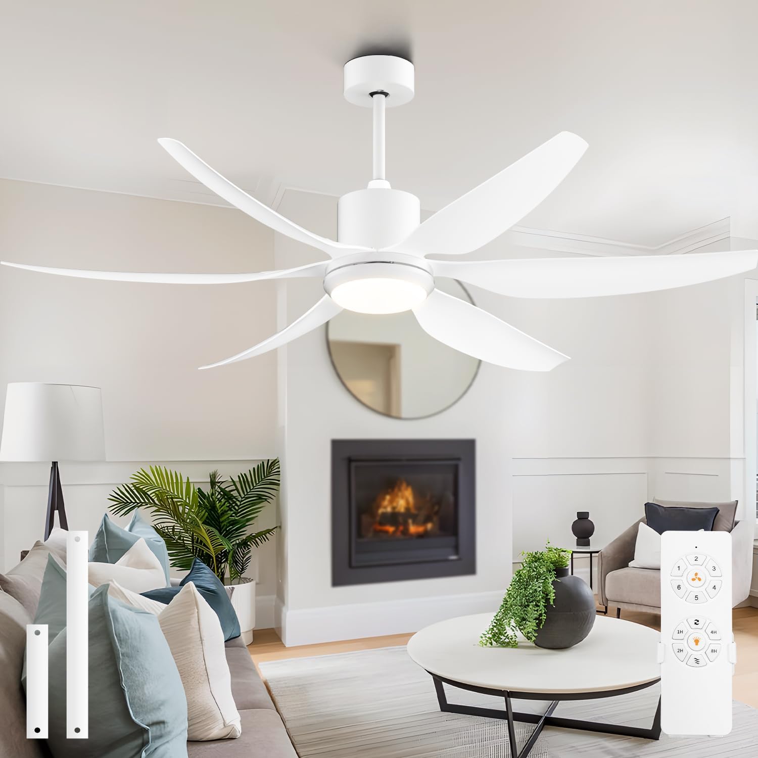 Modern 66" Large Ceiling Fan with Light & Remote Control in White, 6 Blades 6-Speed Low Profile Ceiling Fan Fixture, for Dining Room Bedroom Living Room Kitchen Garage Patio Indoor Outdoor