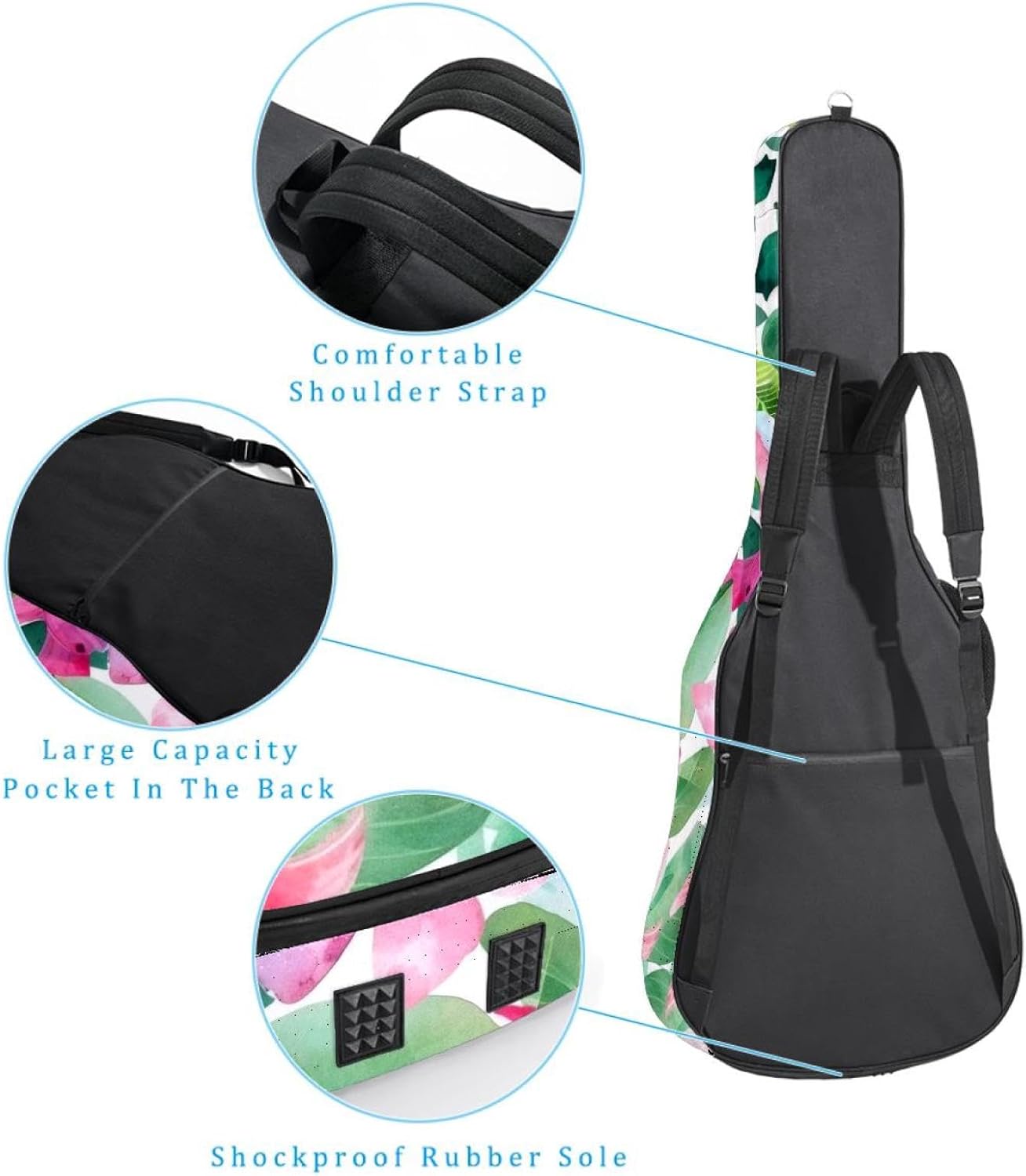Acoustic Guitar Bag 0.4 Inch Thick Padding Waterproof Guitar Case Gig Bag for 40 41 42 Inch Electric Bass Classical Guitar, Tropical Blooming Flowers and Leaves