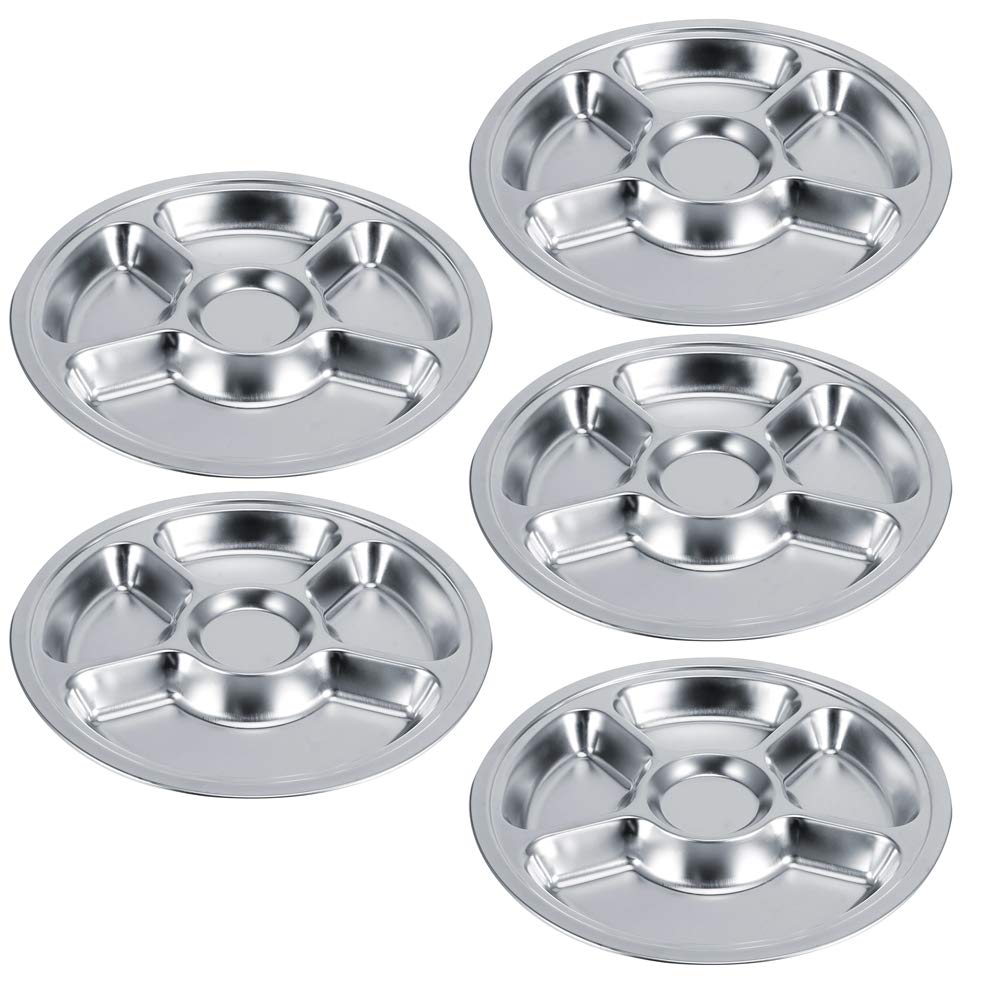 5 Pièces Assiettes Divisées épaissir 304 Assiette à Dîner En Acier Inoxydable Portion Ronde Assiette De Contrôle Vaisselle Pour le Déjeuner, Camping(5-Section)