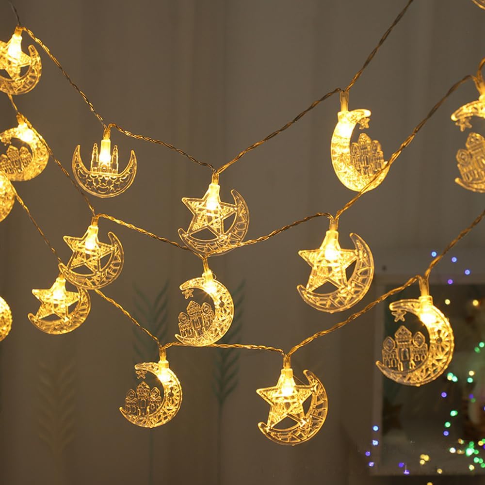 Ramadan Decorations Lights,3M 20 LED Warm White Battery-Powered Decorative Moon and Star Castle String Lights Lights for Home and Party Decoration (Star Moon and Castle, 3M)