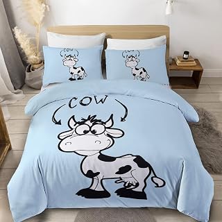 Sleepwish Cartoon Cow Bedding Black White Blue Kids Duvet Cover Cute Farm Animals Bedding Sets 3 Pieces Zipper Closure 4 Corner Ties Bed Set for Teens Boys and Girls (Queen)