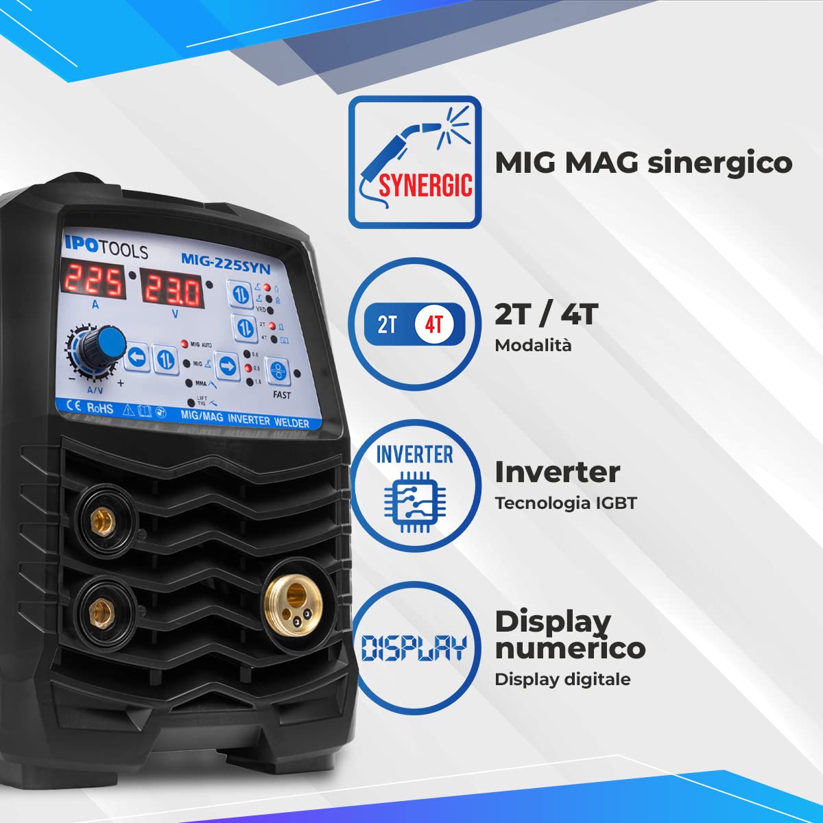 IPOTOOLS MIG-225SYN Saldatrice sinergica MIG MAG – Saldatrice sinergica MIG con IGBT 225A 230V, flusso MIG 3 in 1, saldatura a elettrodo MMA, saldatrice portatile, 7 anni di garanzia