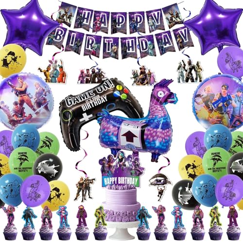46pcs Balloons Party Decorations - Include Happy Birthday Banner Cake Toppers Foil Latex Balloons Birthday Decoration for Boys loving Battle Game