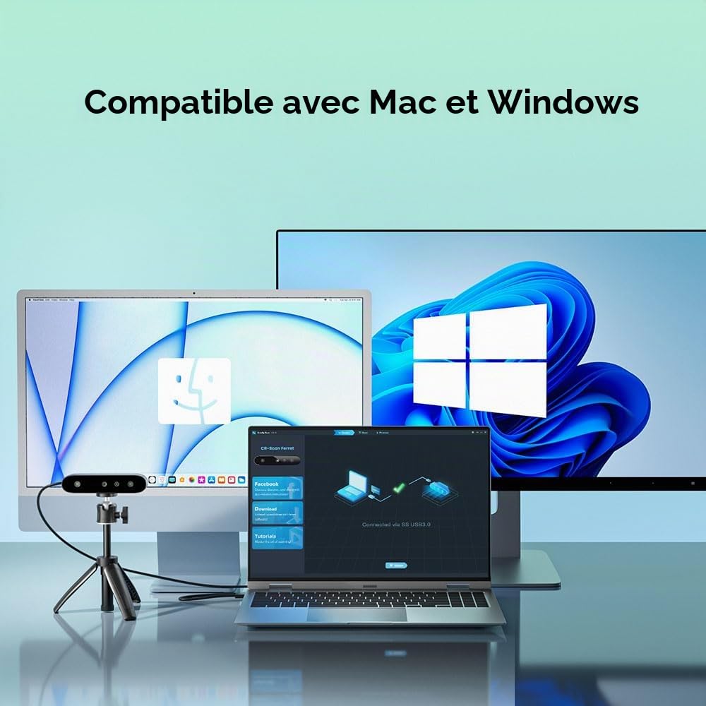 Scanner 3D pour Imprimantes 3D, CR-Scan Ferret SE Machine de Numérisation Portable, 30FPS Vitesse Numérique & 0.1mm Précision, ASIC Chipset Pleine Couleur, Compatible pour PC Windows/Mac OS