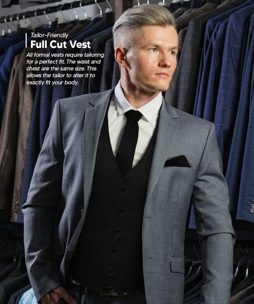 Solid Color Satin Suit Vest for Men Set of 4 - Vest, Tie, Bow Tie & Pocket Square (Black Back)