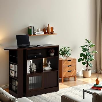 L Shaped Bookshelf,Corner Computer Desk, Rotating Corner Desk with Storage Shelves, Counter Height Dining Cabinet with 6 Storage Space