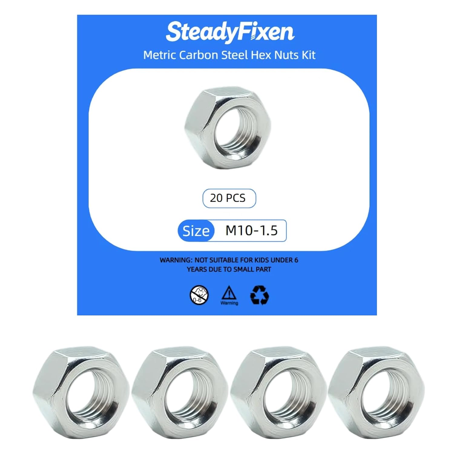 50 Pcs M3×0.5 Metric Coarse Thread Hex Nuts, Silver Zinc Plated Carbon Steel Fasteners image 5