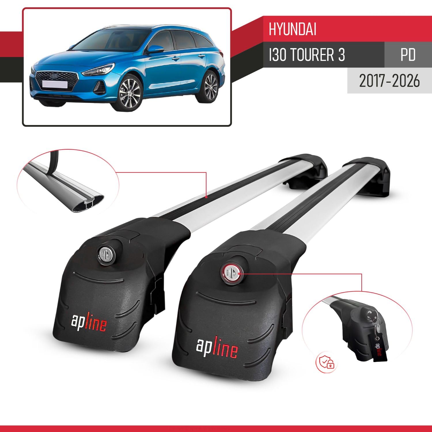 Compatibile con Hyundai i30 Tourer 3 (PD) 2017-2026 Modello ACE-2 Barre Tetto Portapacchi Auto Barre Portatutto Grigio Alluminio 2 Barre