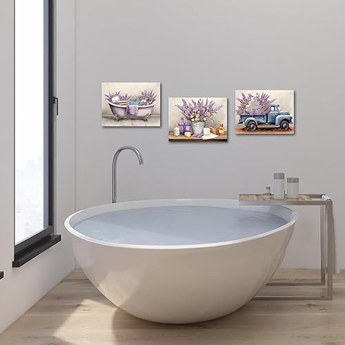 Miniatura 5 de Zlove Decoración de pared de baño de lavanda, lienzo de flores moradas, arte de pared rústico para bañera de automóvil, pintura para sala de spa,