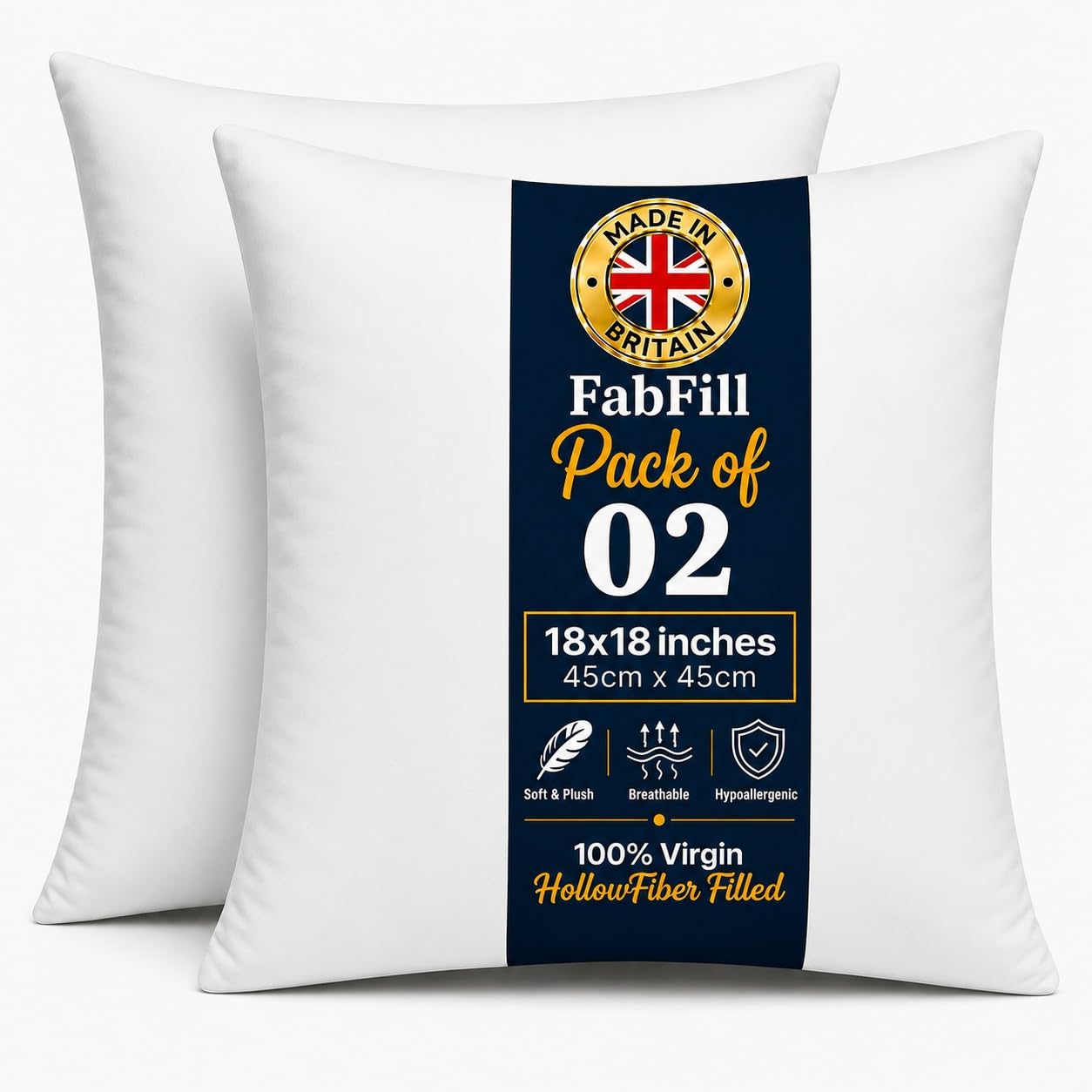 FabFill Cushion Inserts 45x45cm(18x18 inches), Hollow Fibre Cushion Pads, Soft Fluffy Square Pillow Fillings for Sofa, Bedroom & Home Decoration, Made in UK (45x45cm(18x18), Set of 2)