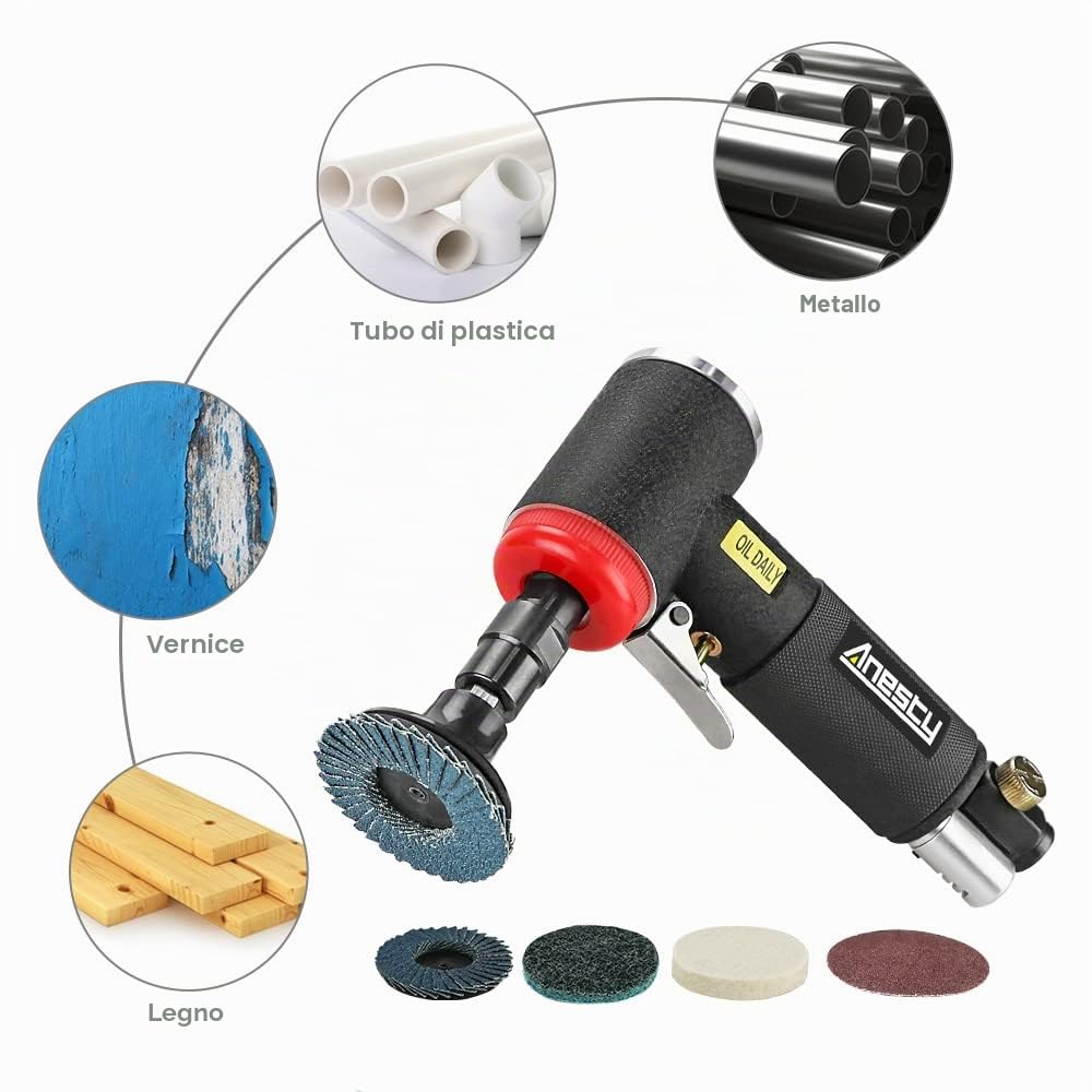 Kit Mini Smerigliatrice Angolare Pneumatica ad Aria Compressa 2000 Giri/min, Set Professionale completo di 20 Dischi Abrasivi da 2 Pollici per Macinazione e Levigatura