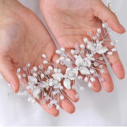 Miniatura 5 de Easedaily Boda de novia pelo vid plata flor hoja nupcial tocados perla pelo accesorios para mujeres y niñas, Perla