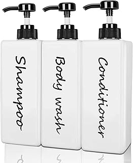 Shampoo and Conditioner Dispenser (Set of 3, 27oz) Modern Refillable Shampoo Pump Bottles for Shower Soap - Empty Shampoo Conditioner Body Wash Dispenser Set - Stylish Permanent Labels - for Bathroom