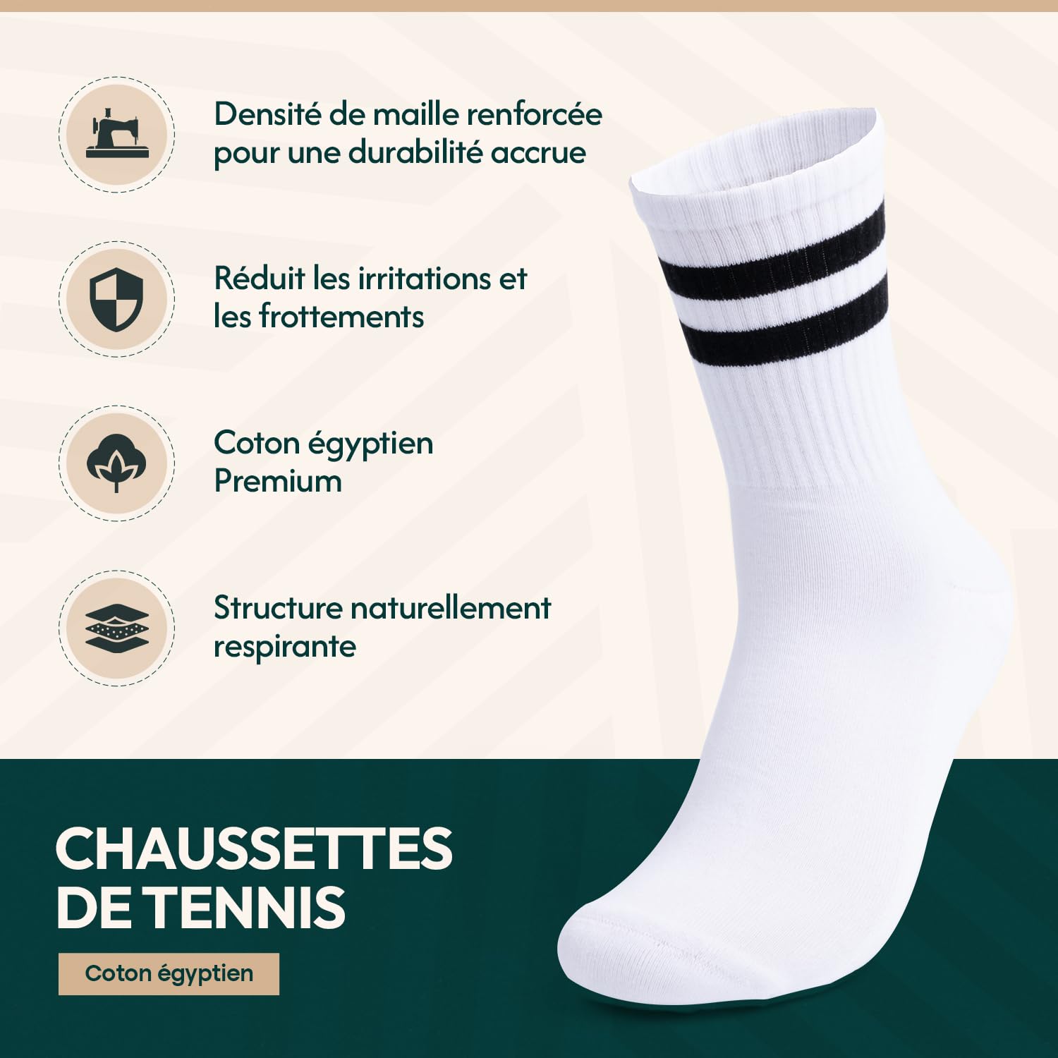 Chaussettes de tennis premium en coton égyptien, sans couture, douces, rembourrées, anti ampoule, lot de 3, mi mollet rayée de sport, anti transpiration, femme homme, blanche, 35-38, 39-42, 43-46