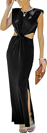 Prinbara Womens Side Cutout Padded Shoulder Summer Long Bodycon Dress Sleeveless Slit Club Party Maxi Dresses