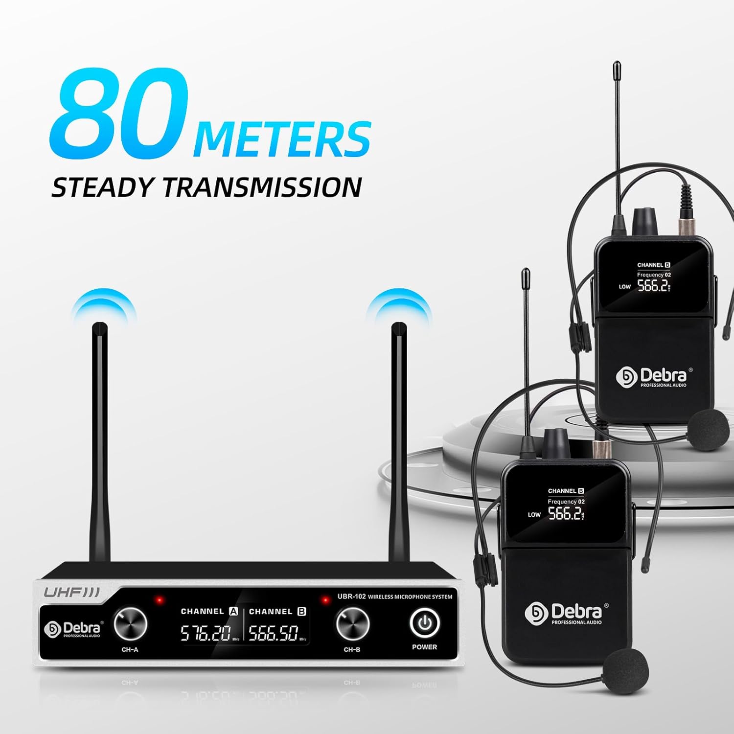 D Debra Wireless Microphone System UHF UBR-102 with Cordless Handheld Lavalier Headset Mics, 260ft Range, Suitable for Church, Lectures, Karaoke, Weddings, DJ, and Bars(2 Bodypack) - Image 4