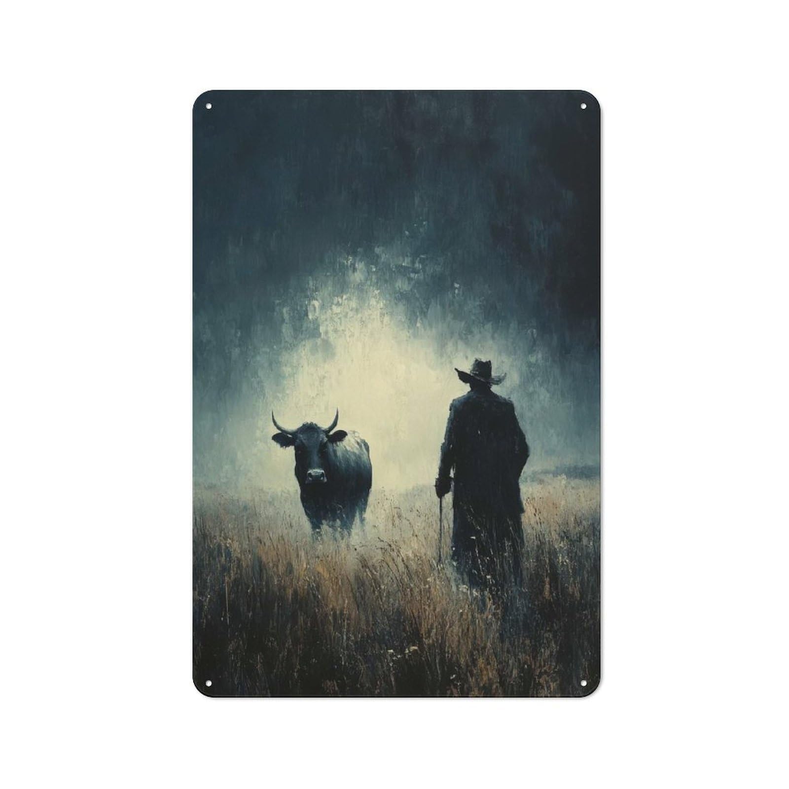 Industrial Metal Sign with Lone Figure And Bull Design 30x20cm, Modern Retro Loft Wall Plaque for Workspace, Cafe, Hallway Or Garage