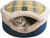 Cat Bed Cave – Enclosed Self Warming Hideaway with Detachable Lid & Mat, Covered House for Indoor Kitten & Kitty (Yellow)