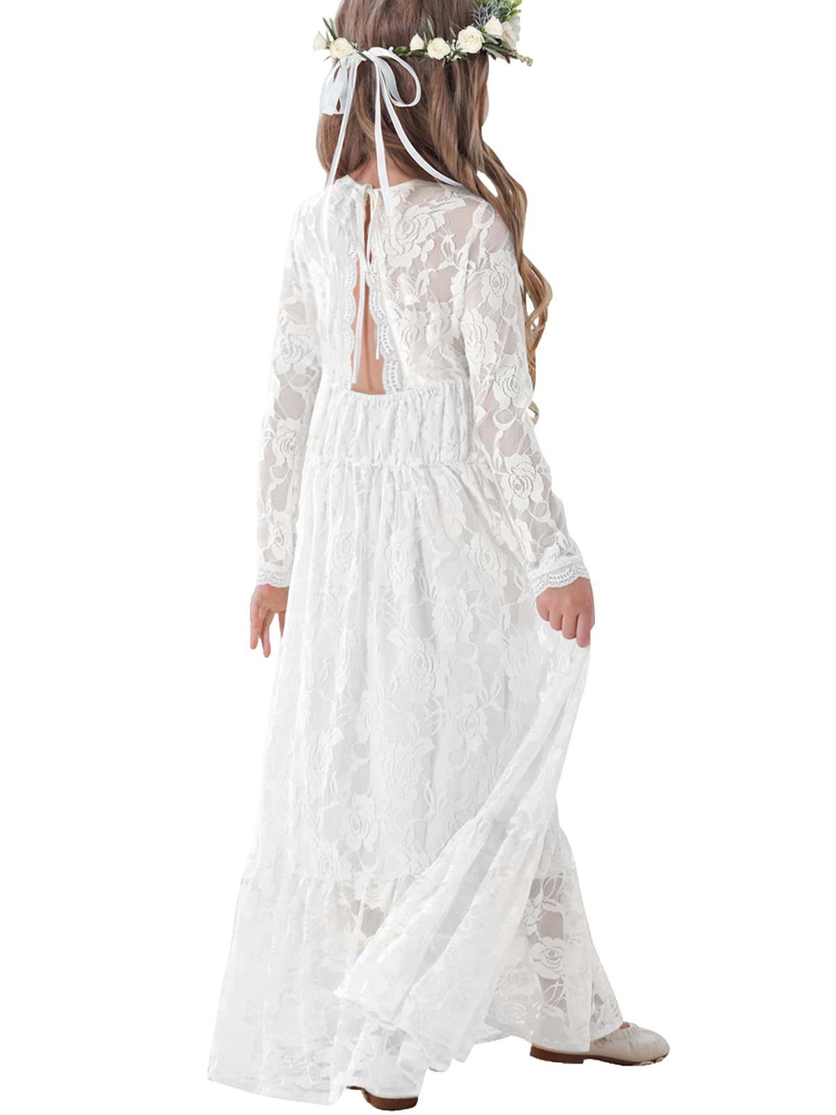 ALLOVIN Kleinkinder & Mädchen Oster Langarm Spitzen Blumenmädchen Kleid für Hochzeit Taufe Erstkommunion Maxi Boho A-Linie 3-12 Jahre