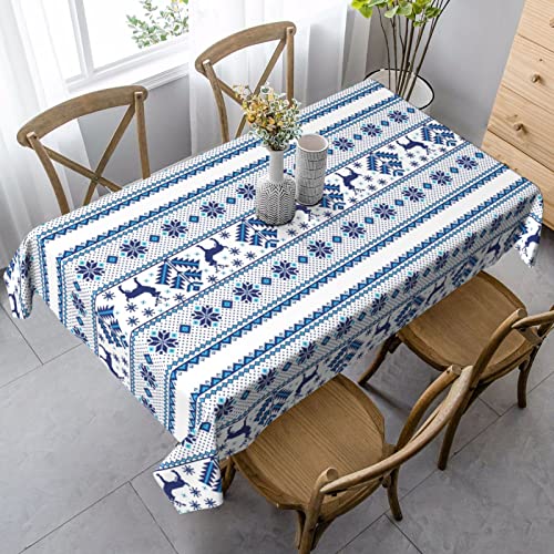 Snowflake Reindeer Blue Tablecloth, Washable Polyester Table Cover For Dining Room Kitchen Party Winter Christmas Decoration 60"X90" Oblong #TOP5