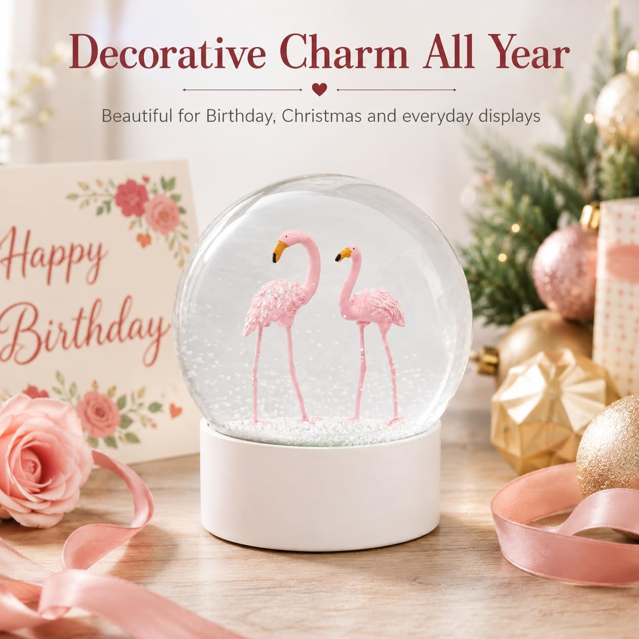 Flamingo Snow Globe for Adults, Christmas Snow Globes for Girls Kids Women, 100MM Glitter Snowglobe Gifts for Valentines Halloween Birthday Table Decor