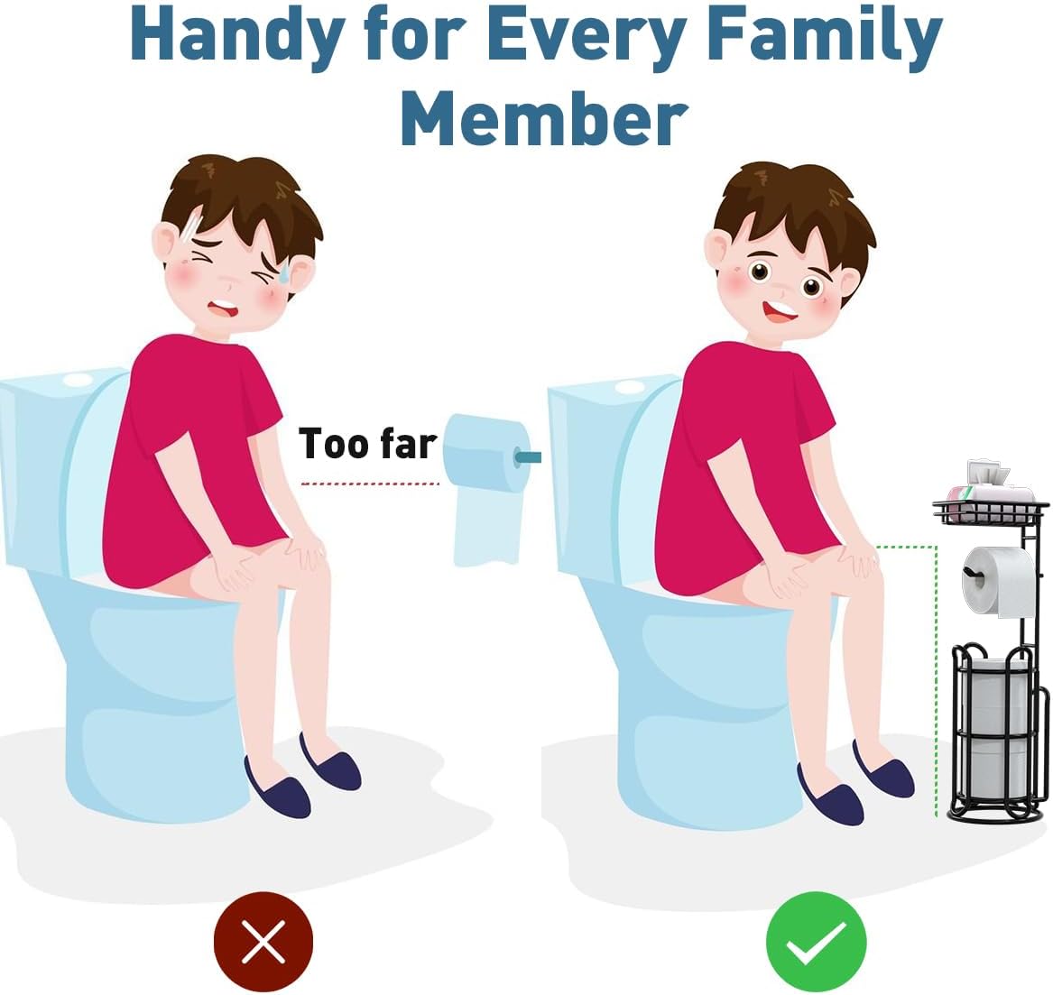 [Upgrade] Toilet Paper Holder Stand with Shelf Tissue Holders for Bathroom Free Standing Bath Tissue Roll Holder Magazine Rack for Mega Rolls/Phone/Wipe-Black