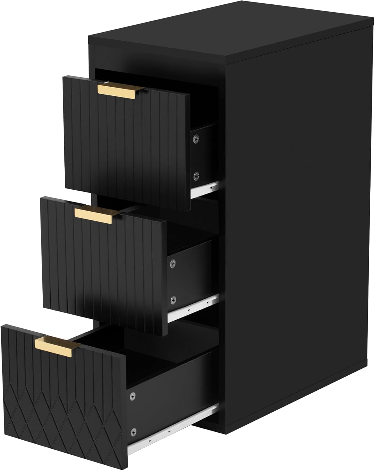 Virubi 12 Inch Floating Bathroom Side Cabinet, Wall Mounted Bathroom Storage Cabinet with 3 Drawers, Modern Slim Organizer with Decor Line, Gold Metal Pulls