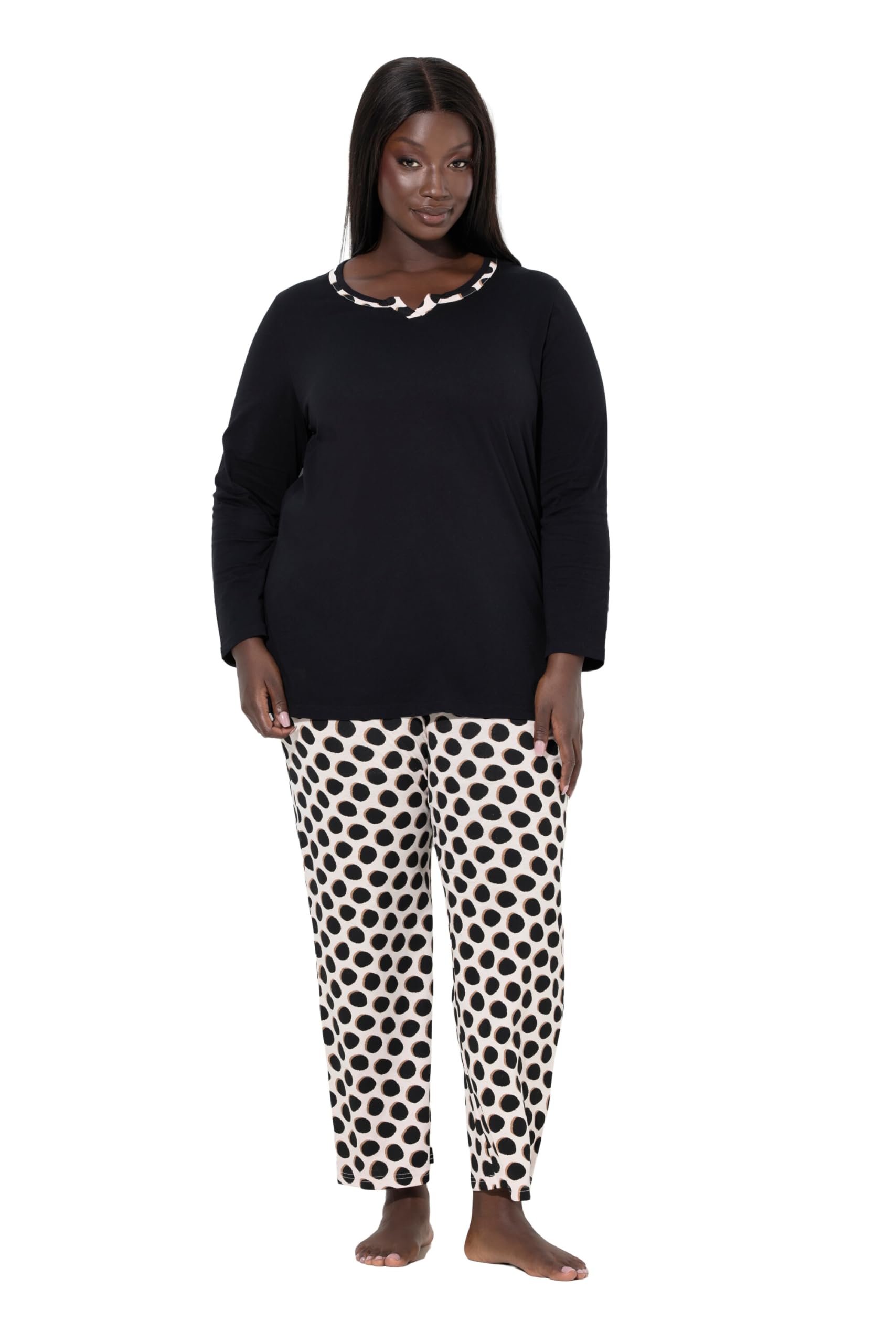 Ulla Popken Damen große Größen Übergrößen Plus Size Pyjama, Punkte, Rundhals, Langarm, Taschen 844679
