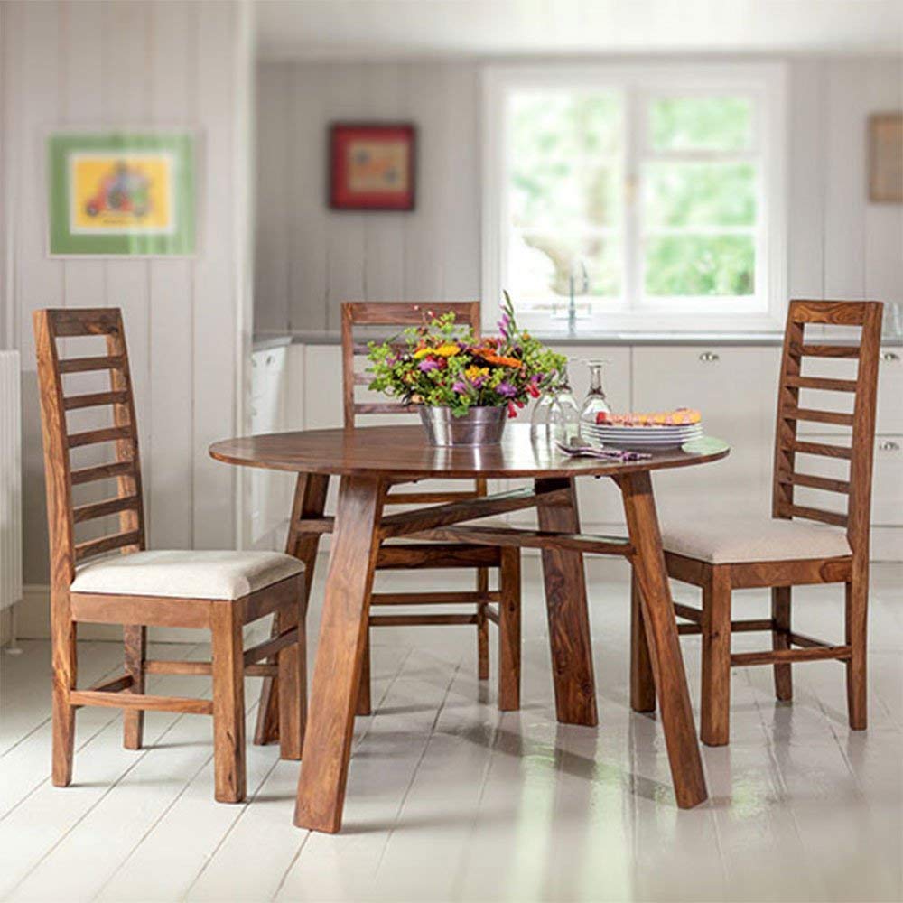Woodstage Sheesham Wood 4 Seater Round Dining Table Set for Living Dining Room Dining Table 4 Seater Set (Natural Honey)-image-0