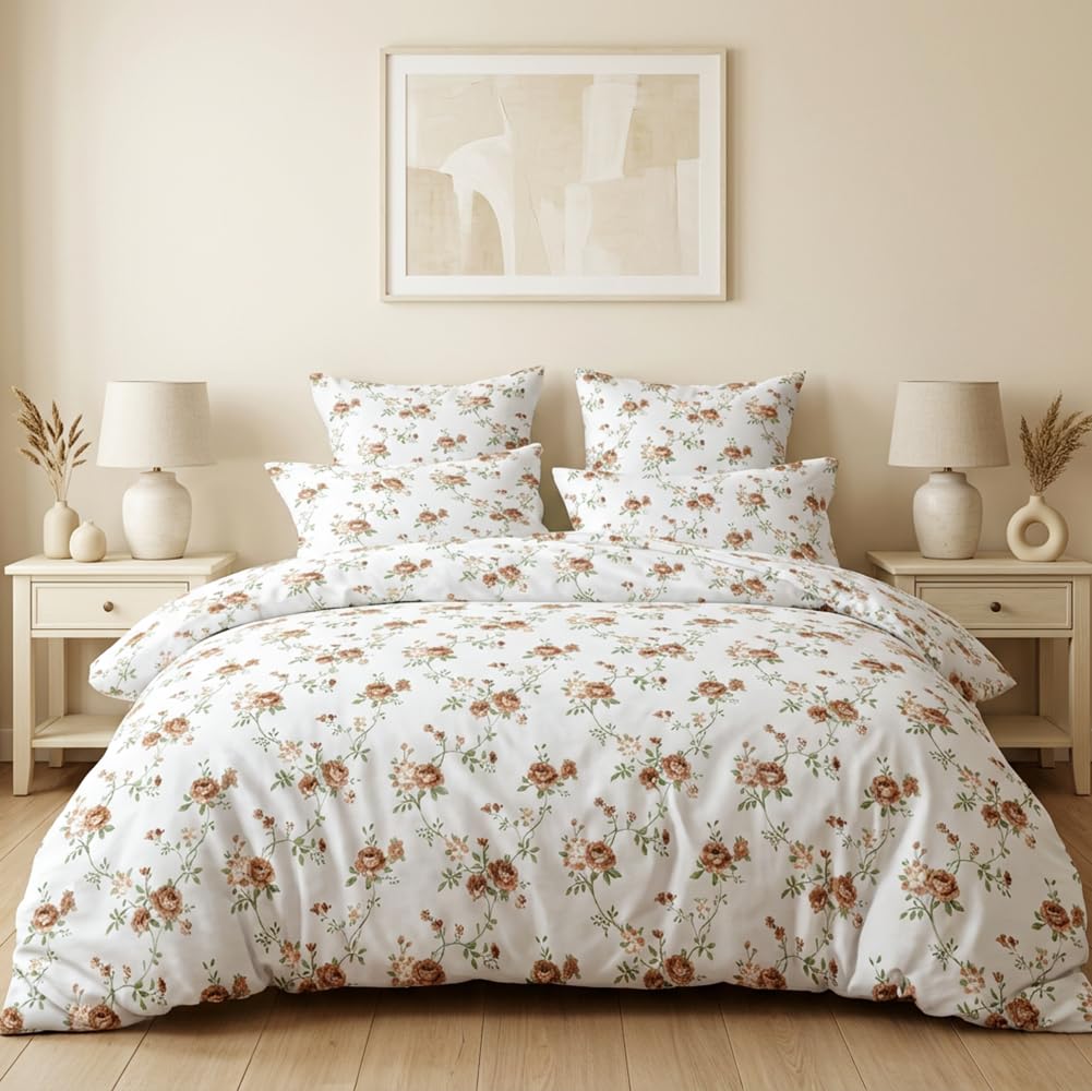 Michorinee Floral Double Duvet Cover Beige Brown Flower Botanical Bedding Double Bed Set 3pcs Washed Microfiber Duvet Cover Double Bed with Zipper Closure and 2 Pillow Case 50x75 cm — image 1