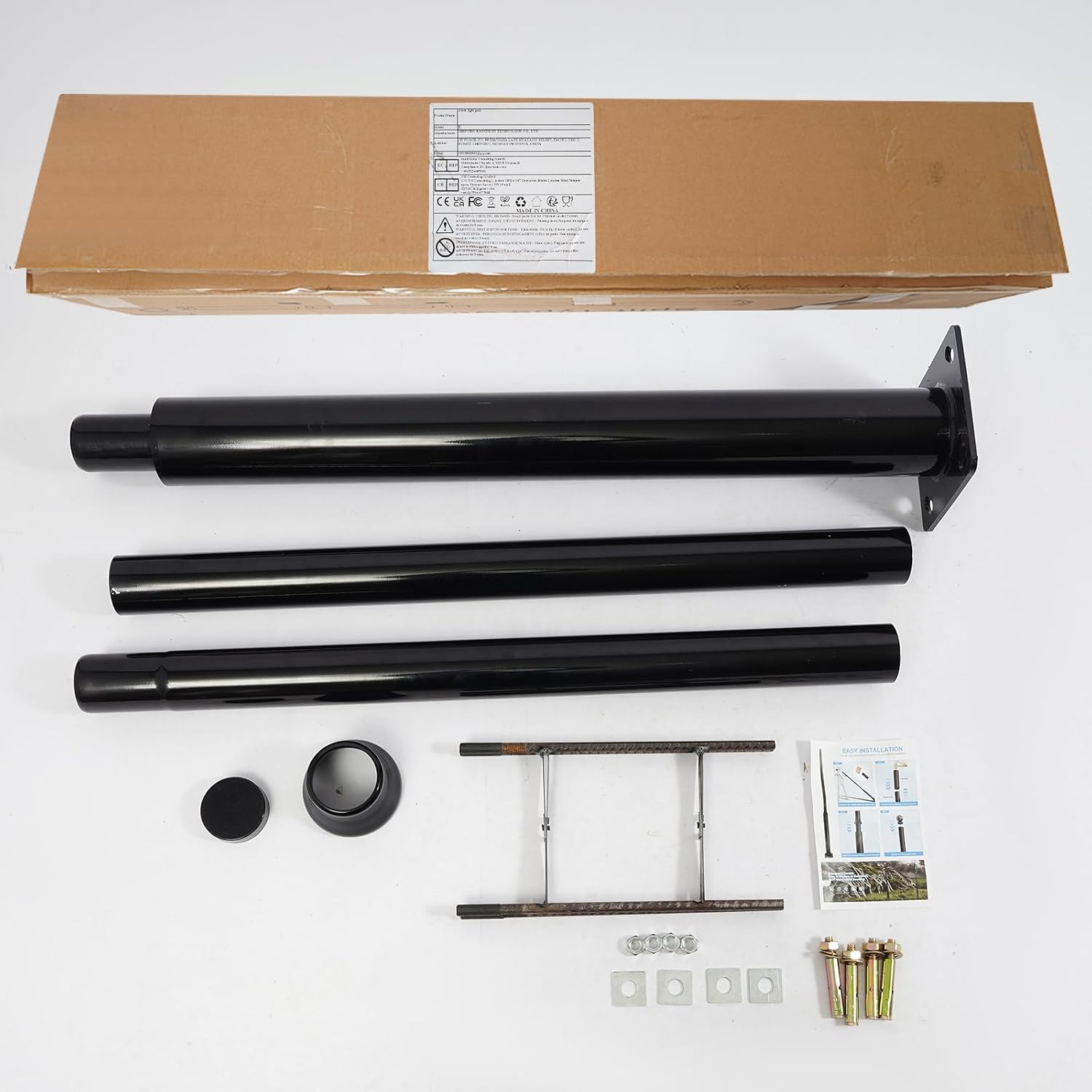 3M Outdoor Street Light Pole Heavy Duty Black Metal Lamp Post Galvanized & Baking Paint Finish, Floor Mount with Rebar Cage for Parking Lot Courtyard Garden-114+76mm