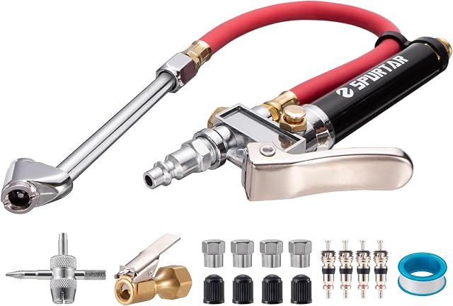 Spurtar 10-120 PSI Tire Pressure Gauge with Inflator Heavy Duty | Air Chuck Pressure Gauge with 4 Way Tool Valve Cores Air Compressor Attachments Tire Inflator Nozzle for Car Automotive Truck