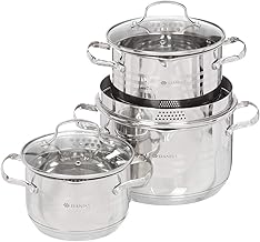 Daniks Tokio Stainless Steel 6-Piece Kitchen Cookware Set | Induction Pot | Pasta Pot with Strainer Lid | Dishwasher Safe | 2 Quart + 3 Quart + 4.5 Quart | Silver