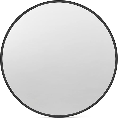 Miniatura 1 de Aldado Espejo rectangular de metal negro  Espejo de pared moderno redondeado con marco de metal negro para dormitorio, sala de estar (redondo de 24