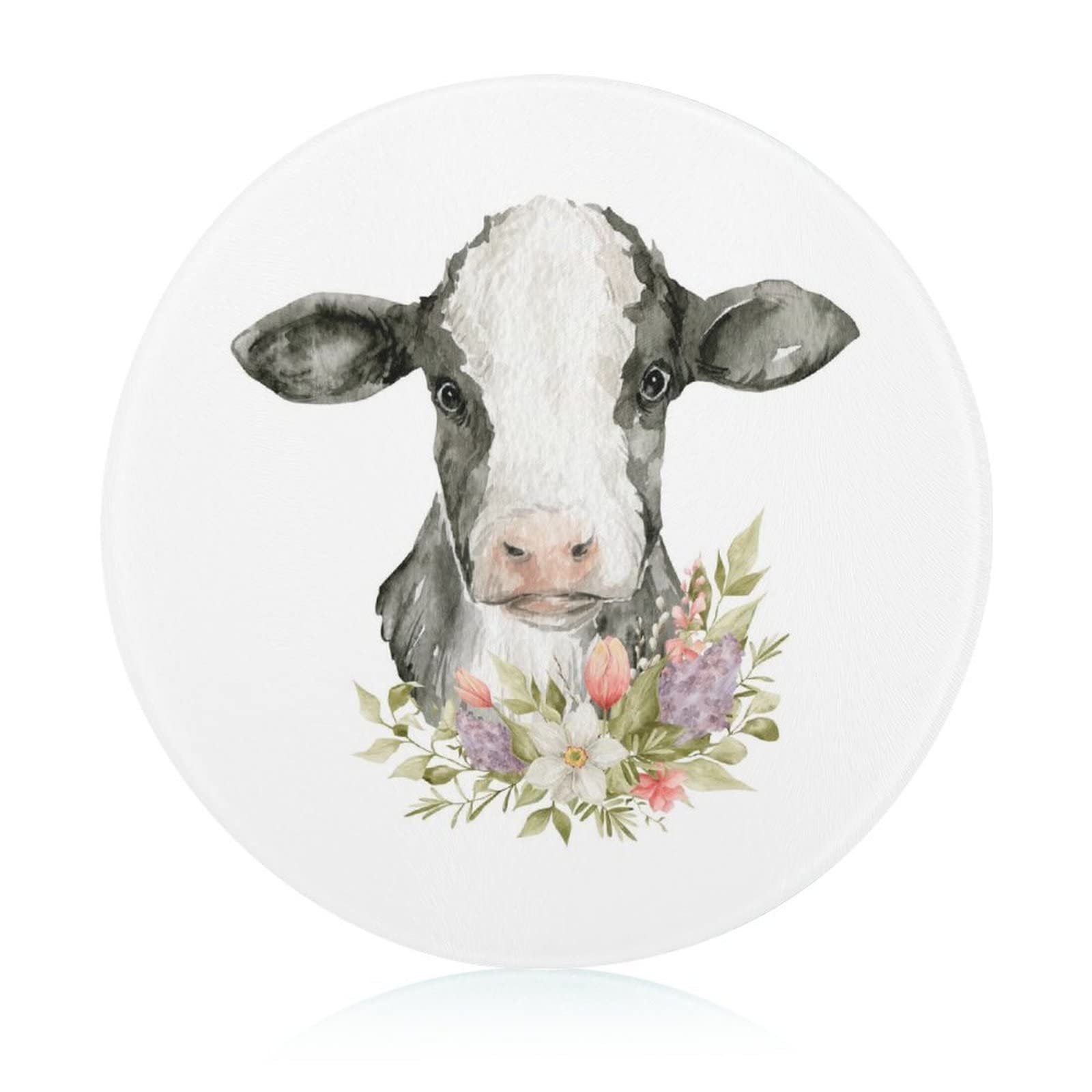 Plateau décoratif cuisine avec motif vache et fleurs en verre pour vos apéritifs champêtres