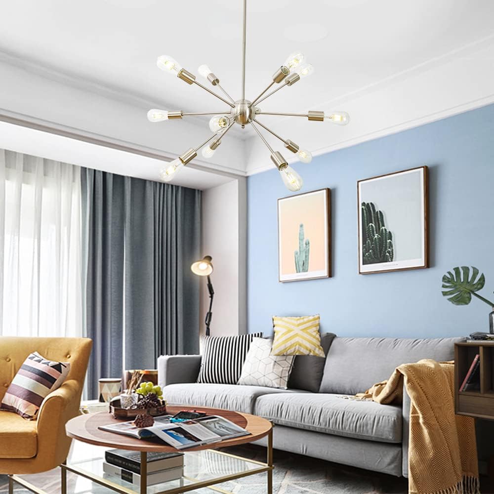 BONLICHT Sputnik Chandelier 12 Lights Brushed Nickel Modern Pendant Lighting Mid Century Flush Mount Ceiling Light Fixture Adjustable Height for Kitchen Dining Room Living Room Bedroom Foyer