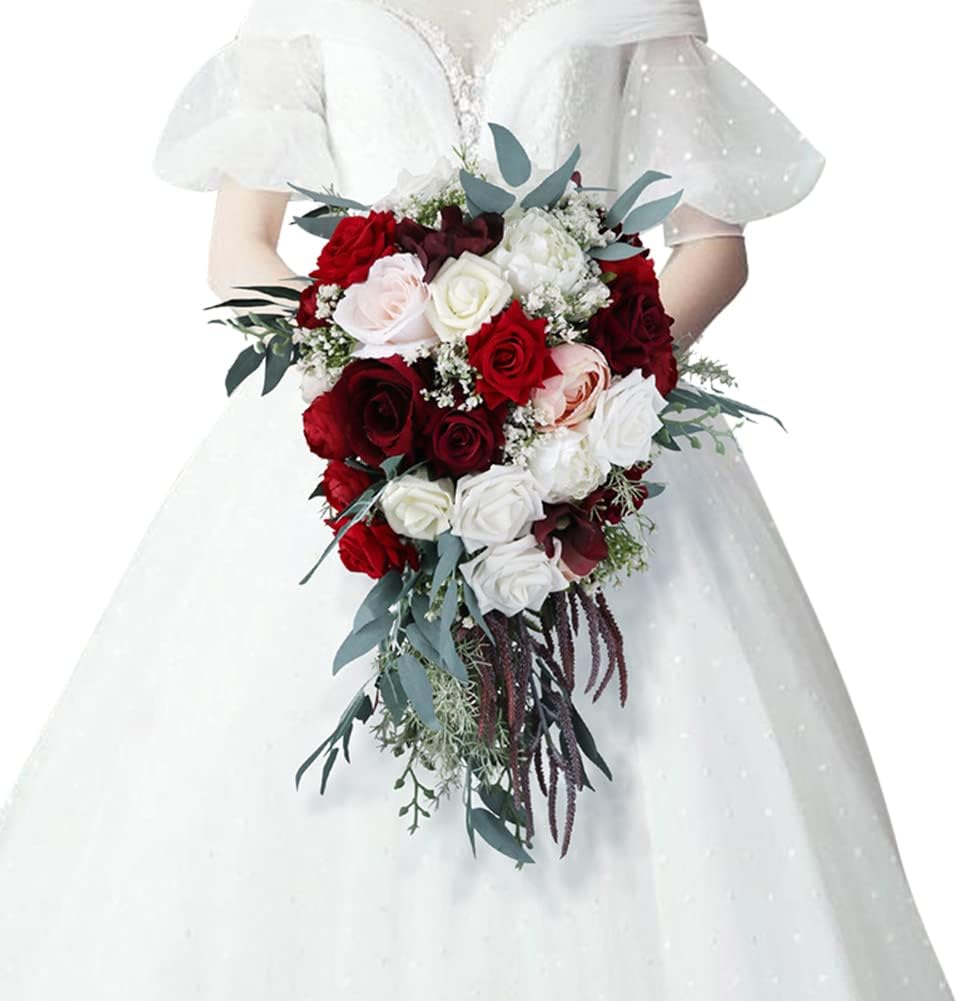 Wedding Bouquets for Bride, 10 Inch White and Wine Red Artificial Roses Flowers Water Drops Toss Bouquet Rustic Waterfall Cascading Bridal Bouquets for Bride Wedding Favors Supplies