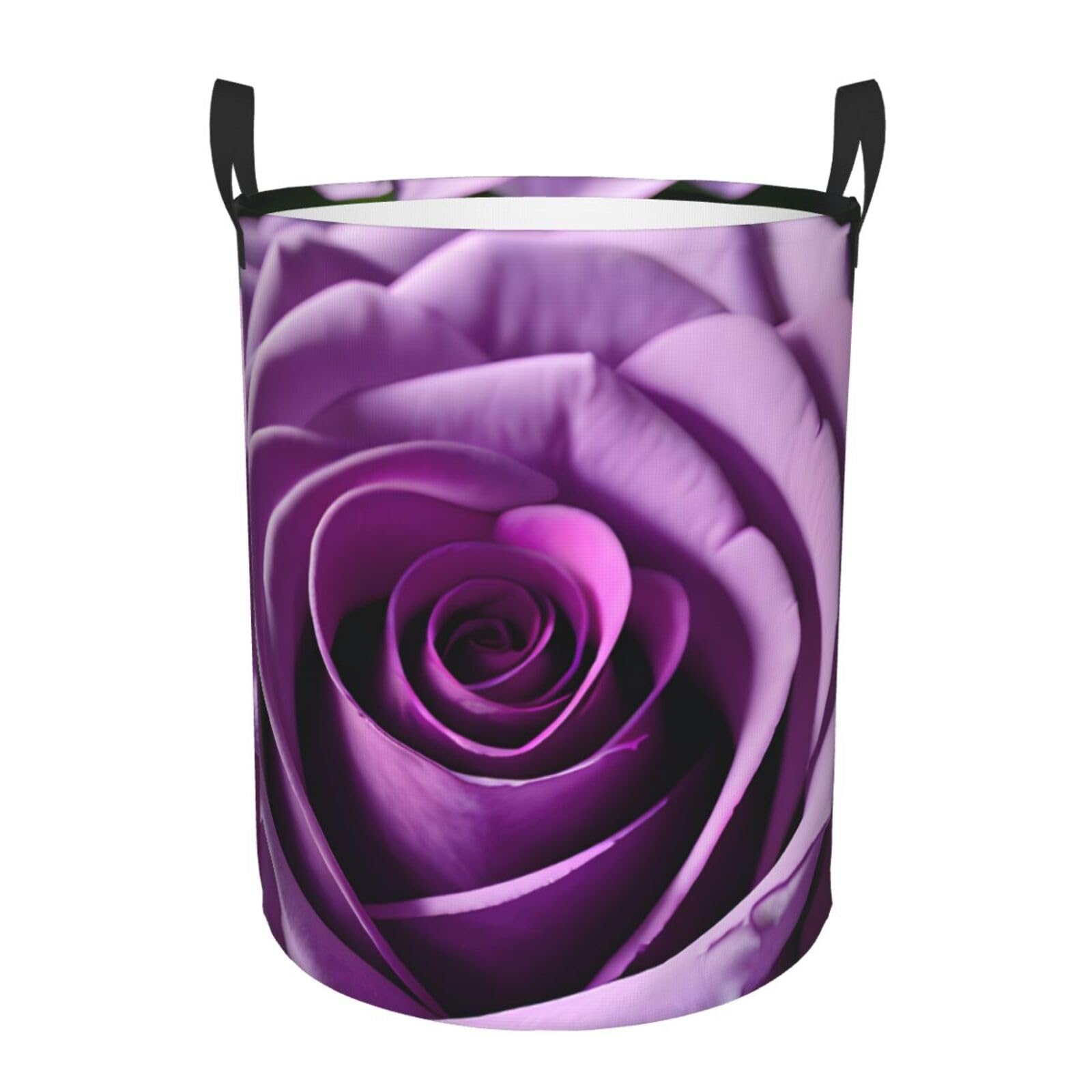 S Collapsible Round Purple Rose Print Laundry Hamper