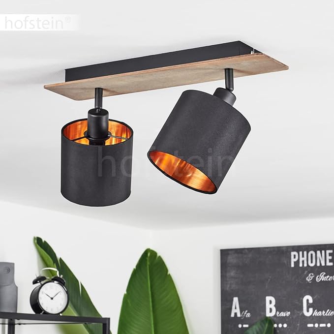 hofstein Plafondlamp Alsen, moderne plafondlamp van hout/metaal/stof in donkerbruin/zwart/koper kleur, lamp in Scandinavisch design met verstelbare kappen, 2 lampen, 2 x E14, zonder gloeilamp photo 3