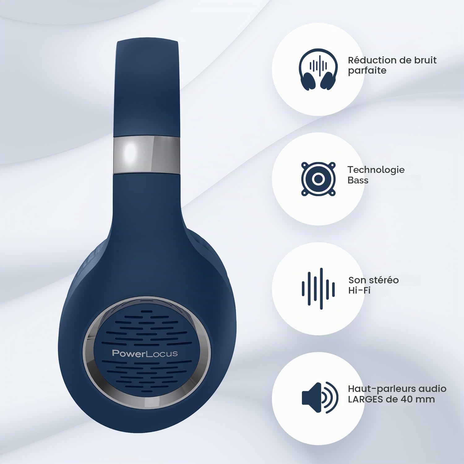 PowerLocus Casque Audio Bluetooth sans-Fil avec Microphone Intégré, Basses fréquences Stéréo Hi-FI, Confortable Cache-Oreilles pour Les Cours en Ligne, Téléphones Portables, Tablettes, PC,TV