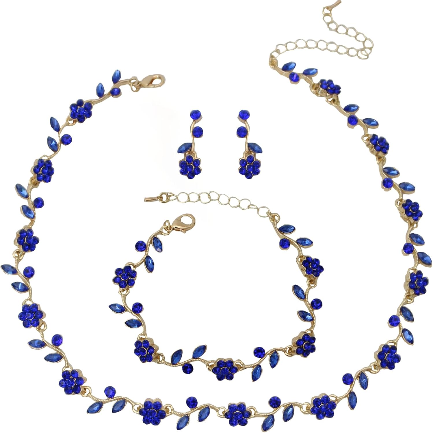 Elegant Wedding Austrian Crystal Flower Choker Necklace Dangle Earrings Bracelet Jewelry Set for Women Prom Party Bridal