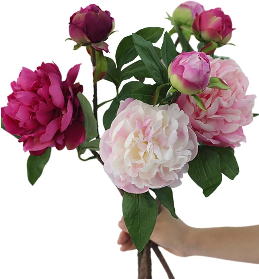 Artificial Peony 4PCS Vintage Silk Flowers Fake Peonies with Stems for Wedding Decoration Bridal Bouquet Arrangement (Rossy)