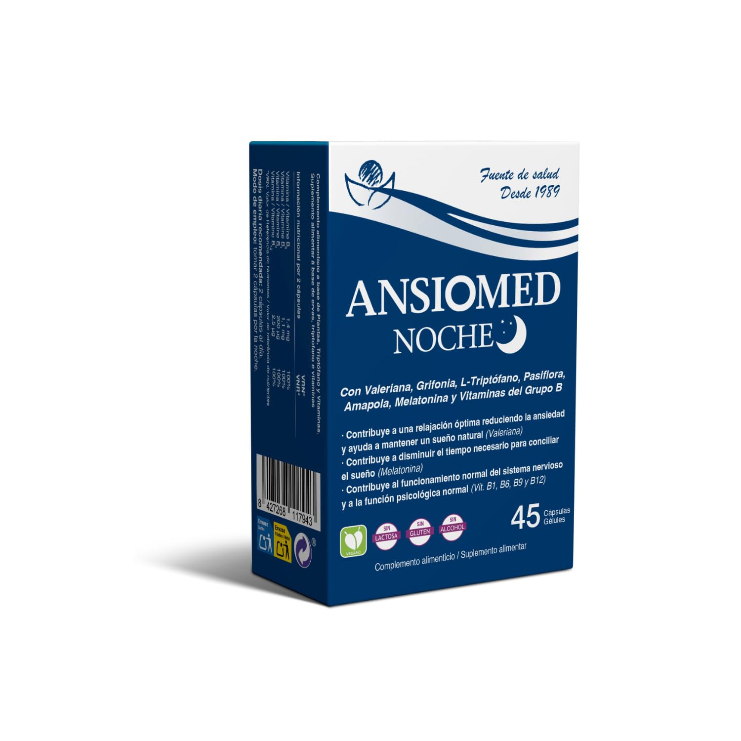 Ansiomed Noche 45 Cápsulas Pack 2 Unidades Ayuda Relajación Sueño Estrés Ansiedad Valeriana Triptófano Melatonina Pasiflora Vitaminas