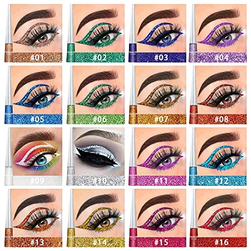 Evpct 16 Color Liquid Glitter Eyeliner Sets Eyeliner Glitter Liquid Liners For Women White Silver Rose Gold Pink Liquid Sparkly Glitter Eyeliner Delineador Con Glitter De Colores Para Ojos Colores #TOP1