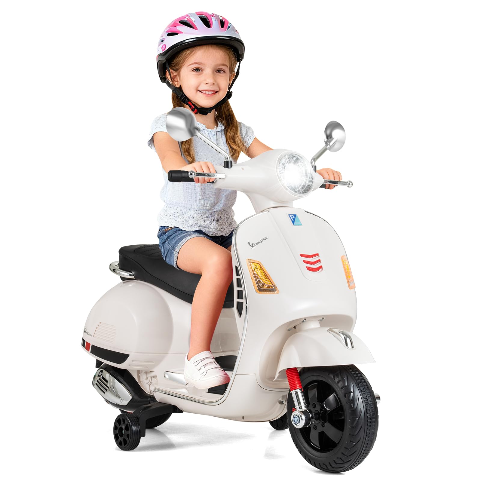 RELAX4LIFE Moto Elettrica per Bambini, Vespa Licenziato con Luci LED, Ruote di Addestramento, Musica, Clacson e Pulsante di Avvio Unico, Batteria da 12V, per Bambini 3-6 Anni (BIANCO)