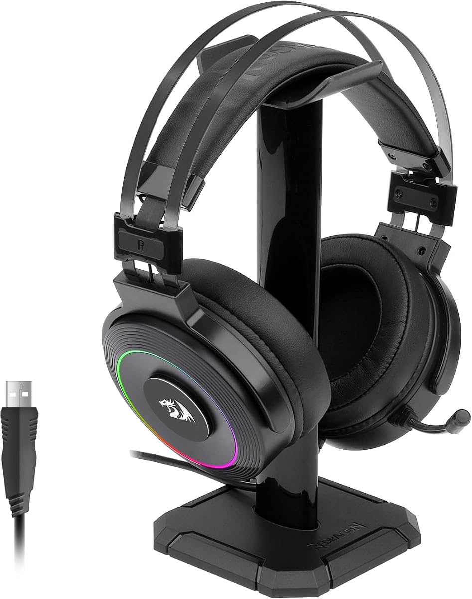 Redragon Auriculares para juegos con cable USB con sonido envolvente 7.1, control de volumen | Micrófono con cancelación de ruido, luz RGB, soporte para auriculares, controladores de 40 mm, supraaural para PC, PS4, NS, negro