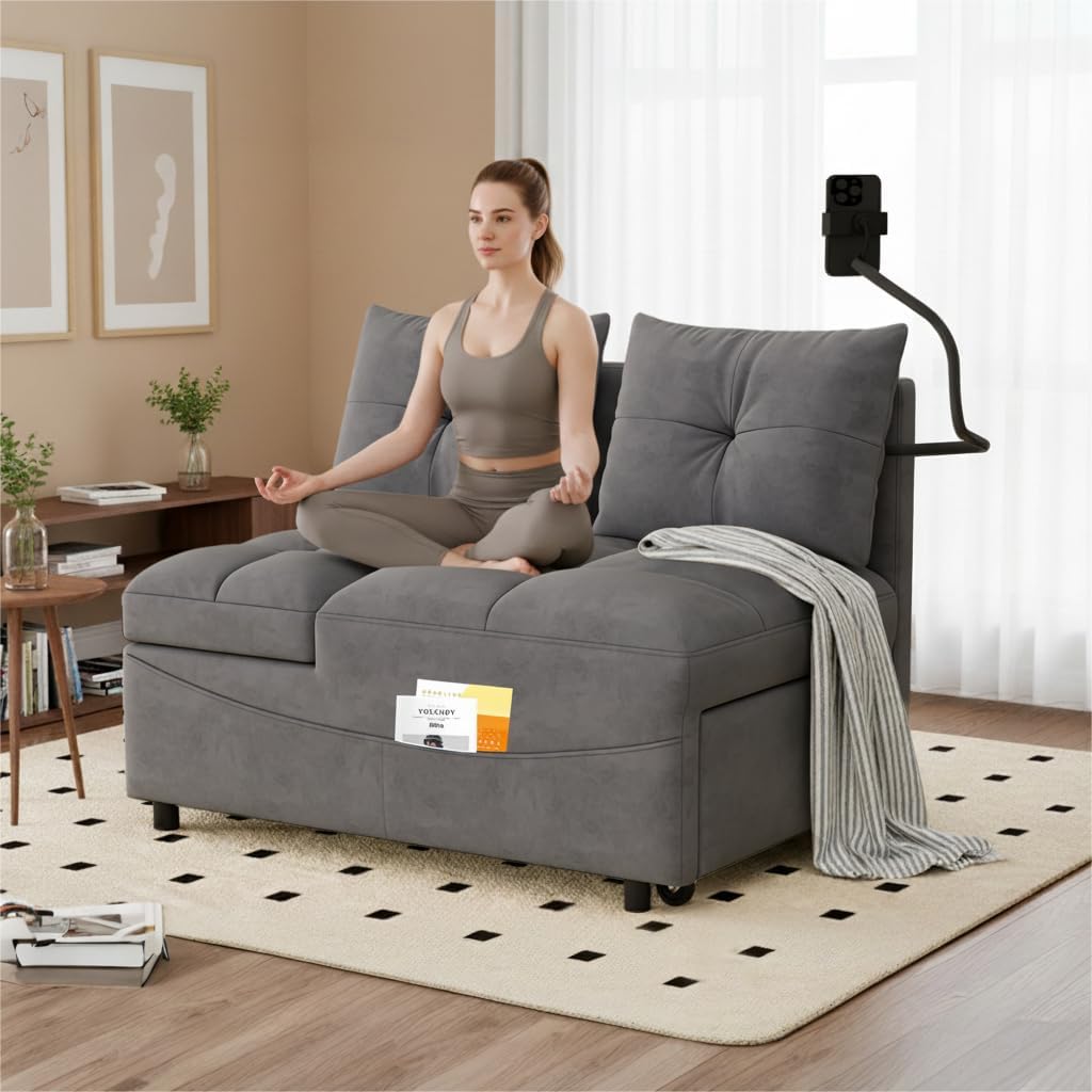 Modern Folding Futon Sofa Bed,Small Loveseat Couch with USB Charging Port, Swivel Phone Stand, Storage Bag for Living Room （Velvet, Grey）