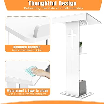45.3 Acrylic Podium Lectern with Double Shelves, Modern Plexiglass Clear Church Pulpit with Cross Design - Ideal for Classroom, Conference, Wedding, and More