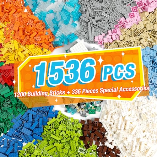 Noorastars 1500 Pieces Building Bricks, Classic Building Bulks with 30PCS Small Flat Plates and 46PCS Wheel Parts and Pieces - Compatible with Lego and Other Brands, 16 Color/18 Size