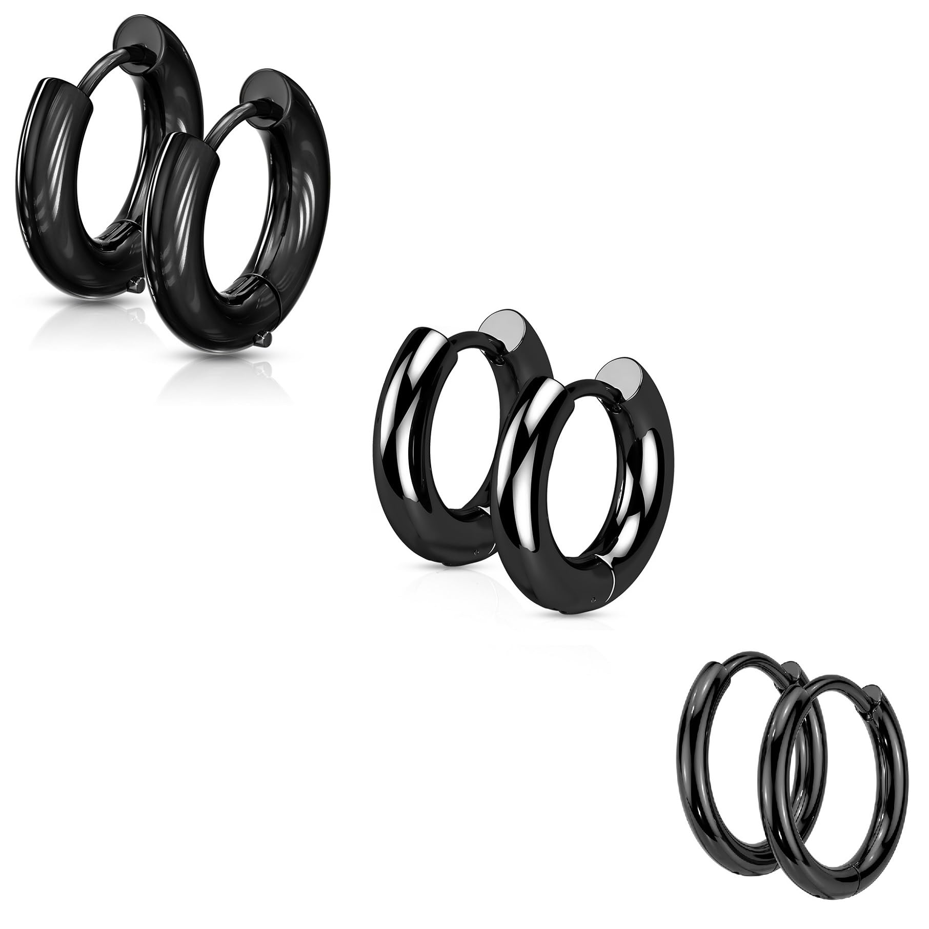 Set of 3 Pairs 316L Stainless Steel Classic Round Hinged Huggie Hoop Earrings